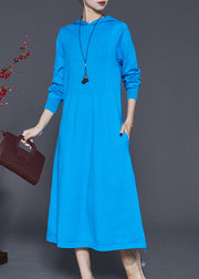 Women Blue Hooded Silm Fit Knit Long Dress Spring