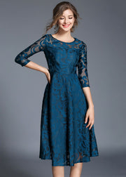 Women Blue Jacquard Wrinkled Patchwork Lace Mid Dress Summer