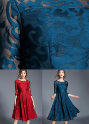 Women Blue Jacquard Wrinkled Patchwork Lace Mid Dress Summer