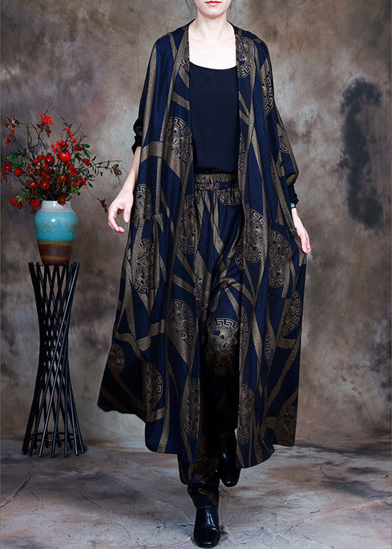 Women Blue Loose Print asymmetrical design Fall Two Pieces Set Long sleeve