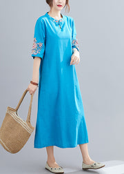 Women Blue Mandarin Collar side open Embroidered Dress Half Sleeve