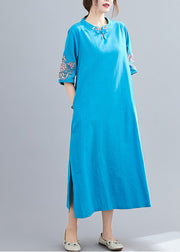 Women Blue Mandarin Collar side open Embroidered Dress Half Sleeve
