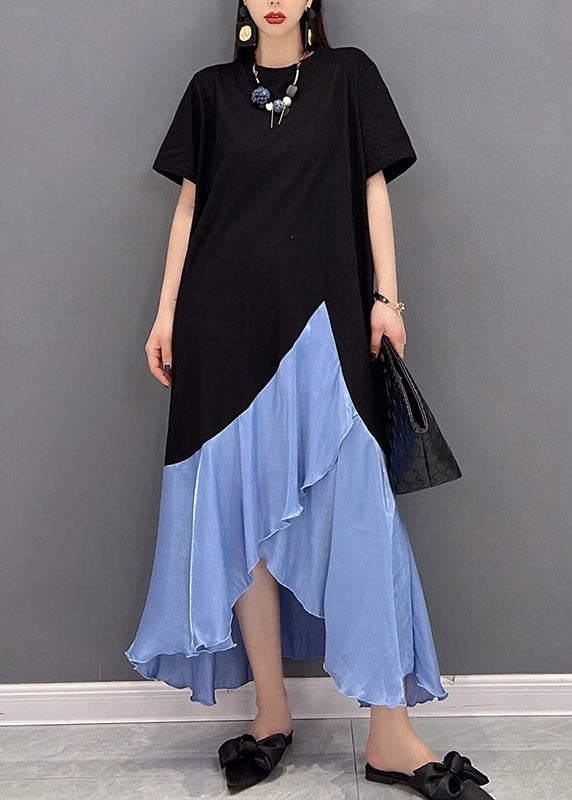 Asymmetrisches Patchwork-Kleid mit kurzen Ärmeln und blauem O-Ausschnitt für Damen