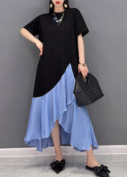 Women Blue O-Neck Asymmetric Patchwork Dress Short Sleeve
