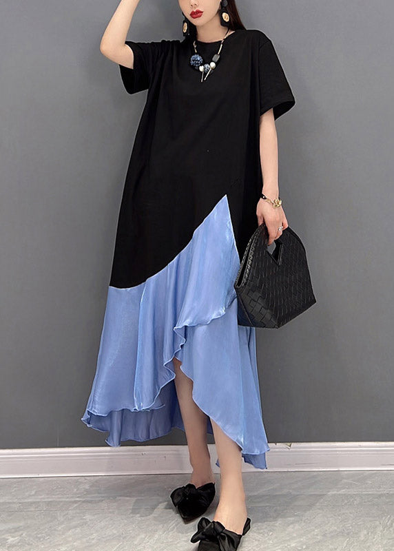 Women Blue O-Neck Asymmetric Patchwork Dress Short Sleeve