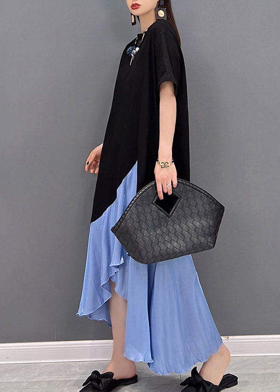 Asymmetrisches Patchwork-Kleid mit kurzen Ärmeln und blauem O-Ausschnitt für Damen