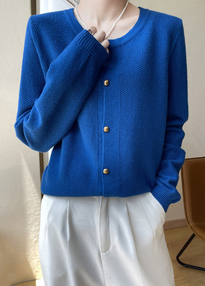 Women Blue O Neck Button Patchwork Cotton Knit Coats Fall