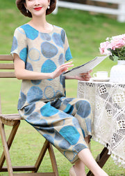 Women Blue O-Neck Dot Print Linen Tops And Crop Pants Two Pieces Set Short Sleeve
