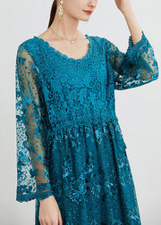 Women Blue O Neck Embroidered Patchwork Long Dresses Spring