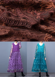 Women Blue O Neck Embroidered Patchwork Long Dresses Spring