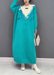 Women Blue O-Neck Oversized Lace Patchwork Knit Long Sweater Spring