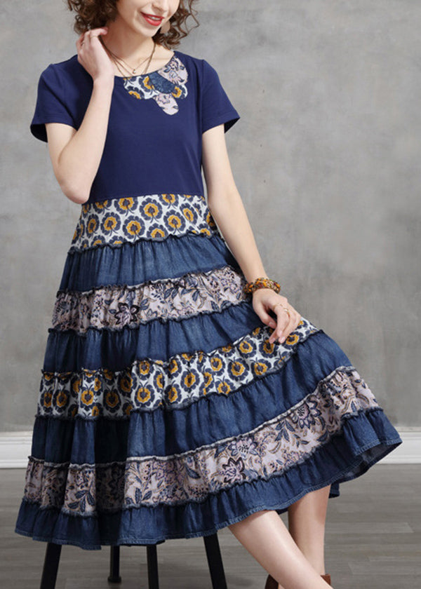 Women Blue O-Neck Patchwork Cotton Vacation Pleated Dresses Short Sleeve