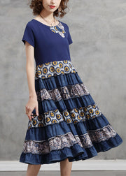 Frauen Blau O-Ausschnitt Patchwork Baumwolle Urlaub Plissee Kleider Kurzarm