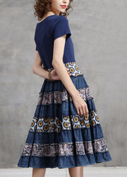 Frauen Blau O-Ausschnitt Patchwork Baumwolle Urlaub Plissee Kleider Kurzarm