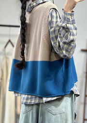 Women Blue O Neck Patchwork Cozy Knit Waistcoat Sleeveless