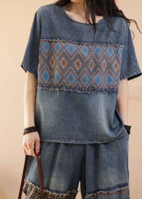 Women Blue O-Neck Patchwork Tops And Pants Denim Two Pieces Set Summer