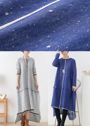 Women Blue O-Neck Pockets Fall Knit Dress - SooLinen