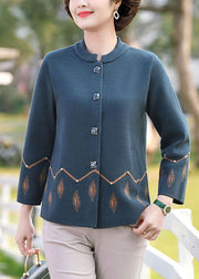 Women Blue O-Neck Pockets Print Woolen Coats Long Sleeve