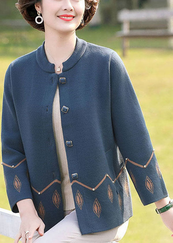 Women Blue O-Neck Pockets Print Woolen Coats Long Sleeve