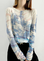 Women Blue O Neck Print Patchwork Knitting Cotton Top Long Sleeve