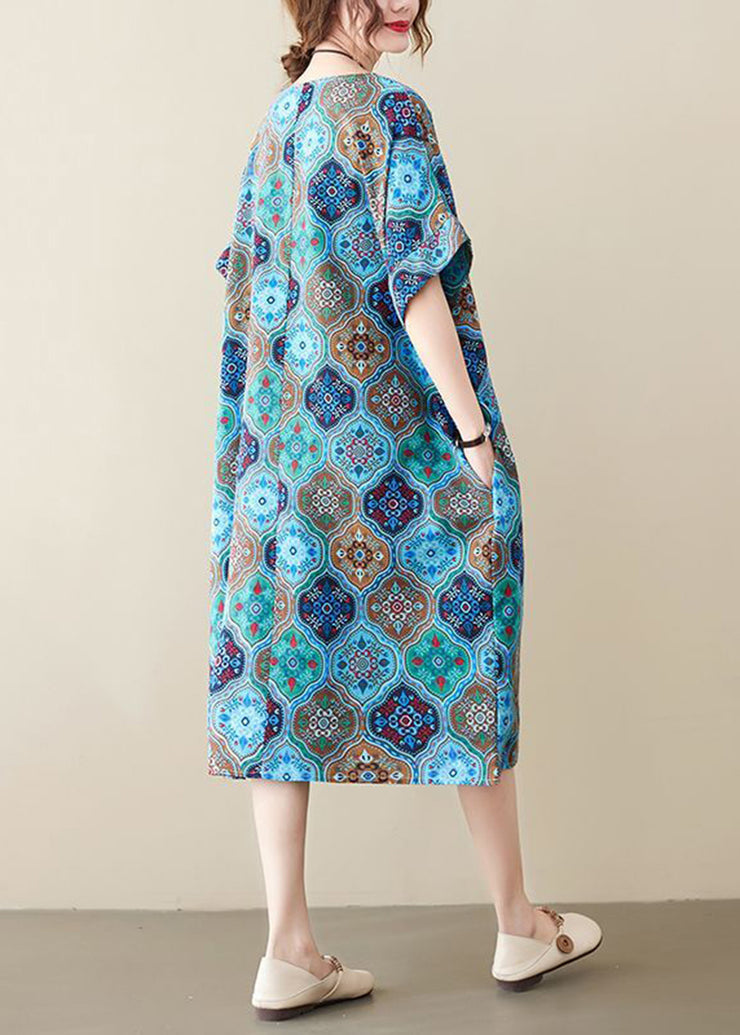 Women Blue O-Neck Print Pockets Linen Dress Short Sleeve