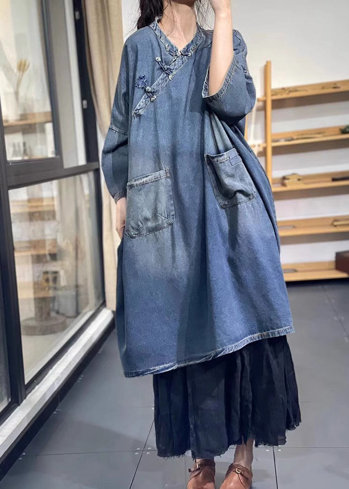 Women Blue Oversized Chinese Button Denim Long Dress Spring