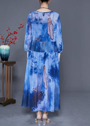 Women Blue Oversized Patchwork Tie Dye Chiffon Maxi Dresses Summer