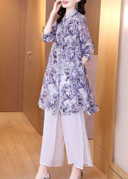 Women Blue Oversized Print Cotton Long Shirt And Pant Two Pieces Set Summer