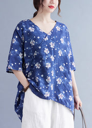 Women Blue Oversized Print Low High Design Linen Tank Tops Summer