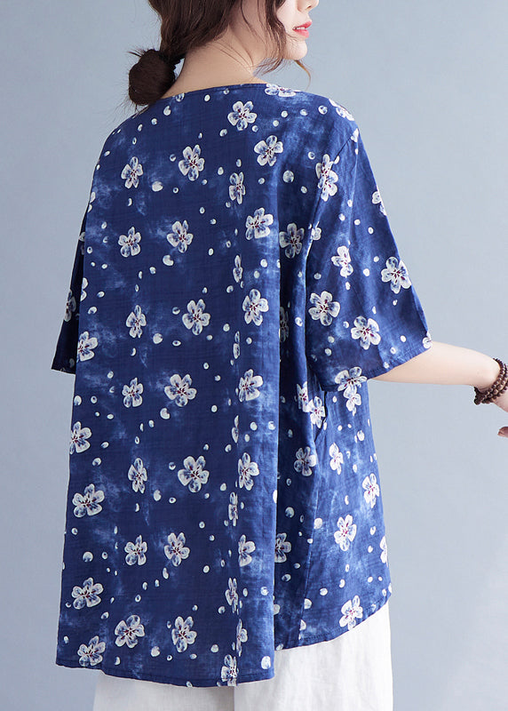 Women Blue Oversized Print Low High Design Linen Tank Tops Summer