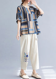 Women Blue Oversized Striped Linen Shirt Tops Summer