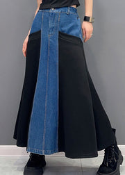 Women Blue Patchwork Black High Waist Denim Maxi Fish Tail Skirts