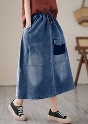 Women Blue Patchwork Drawstring Elastic Waist Denim Skirts Summer