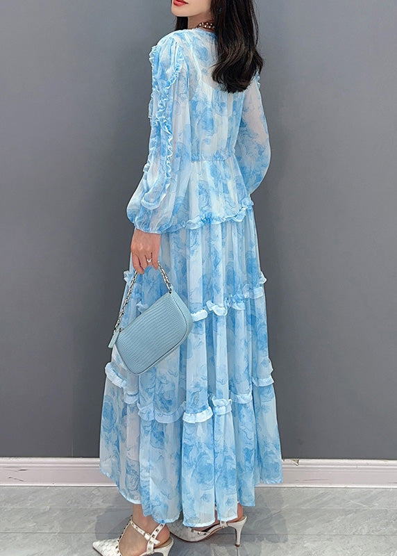 Women Blue Patchwork Ruffled Button Chiffon Maxi Dresses Spring