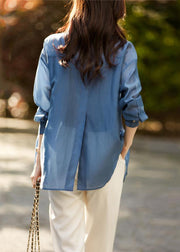 Women Blue Peter Pan Collar Button Patchwork Cotton Shirt Fall