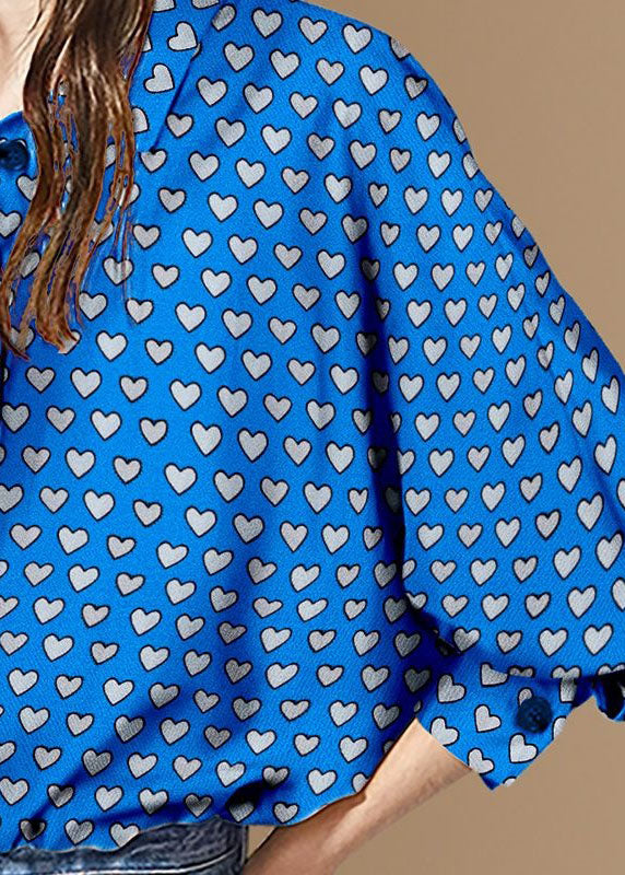 Women Blue Peter Pan Collar Heart Print Patchwork Cotton Shirt Tops Spring
