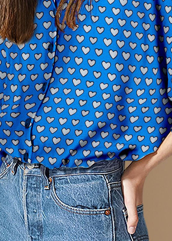 Women Blue Peter Pan Collar Heart Print Patchwork Cotton Shirt Tops Spring