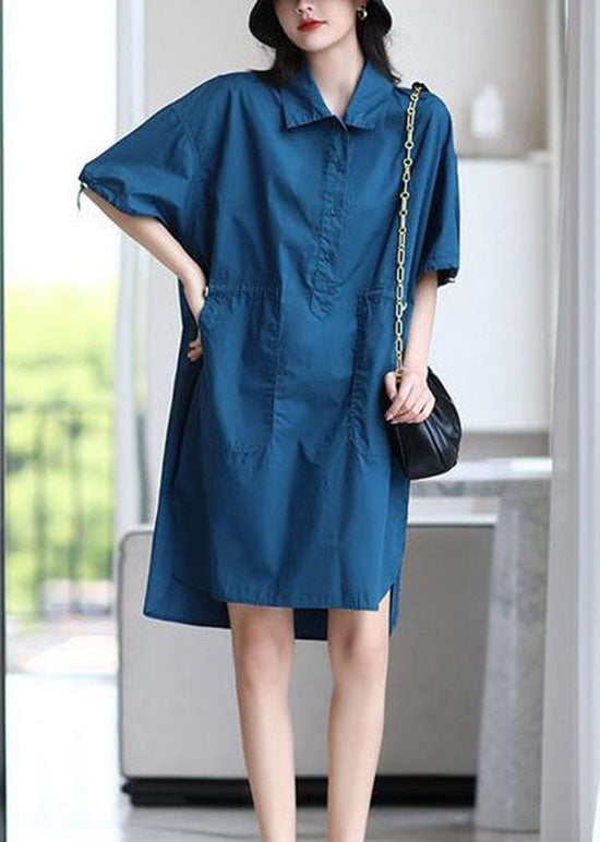 Women Blue Peter Pan Collar Patchwork Cotton Shirts Dresses Summer