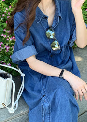 Women Blue Peter Pan Collar Patchwork Denim Shirts Dresses Summer
