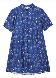 Women Blue Peter Pan Collar Print Patchwork Denim Shirts Dress Summer
