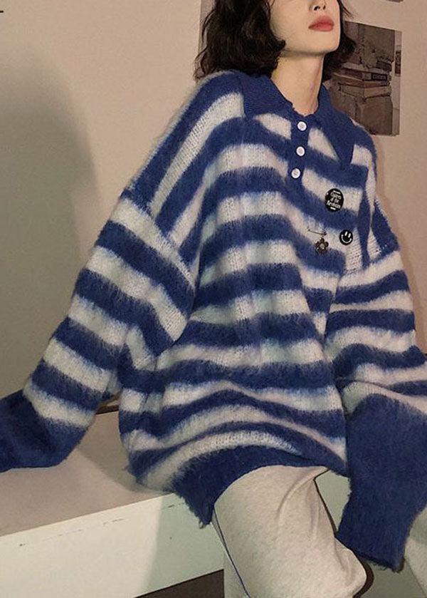 Women Blue Peter Pan Collar Striped Knit Sweater Winter