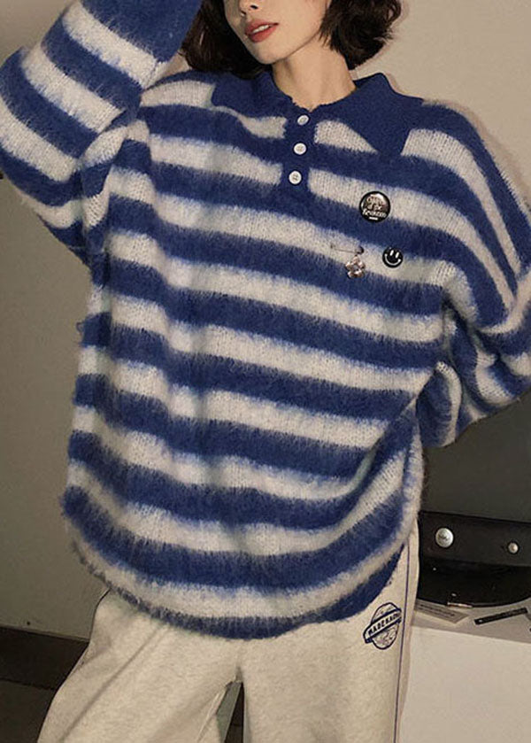 Women Blue Peter Pan Collar Striped Knit Sweater Winter