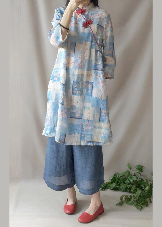 Women Blue Plum Tunics Stand Collar Pockets Maxi Dress - SooLinen