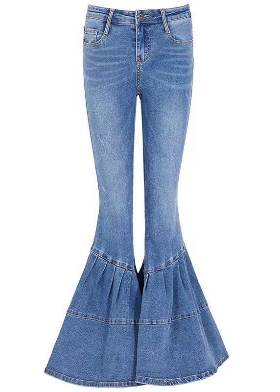 Women Blue Pockets High Waist Denim Flared Trousers Summer