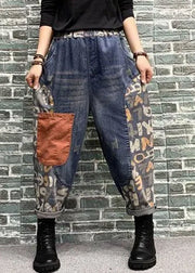 Women Blue Pockets Patchwork Print Denim Harem Pants Spring
