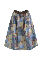 Women Blue Pockets Print Linen A Line Skirts Spring