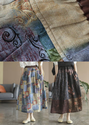 Women Blue Pockets Print Linen A Line Skirts Spring