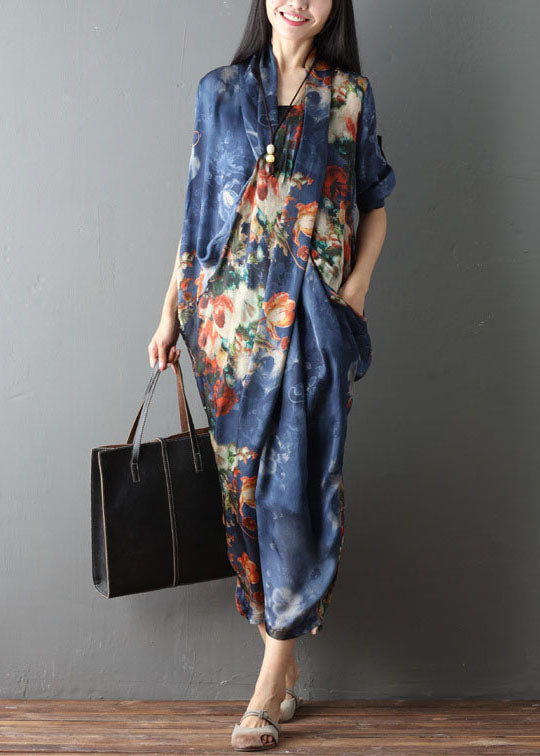 Frauen Blau Taschen Drucken asymmetrisches Design Herbstkleid Halbarm