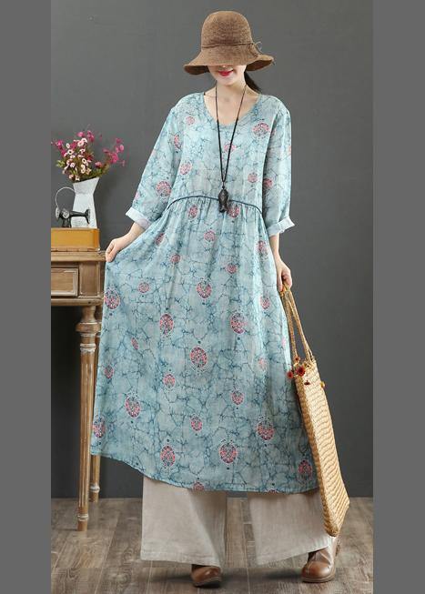 Women Blue Print Dresses O Neck Cinched Maxi Spring Dresses - SooLinen