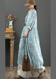 Women Blue Print Dresses O Neck Cinched Maxi Spring Dresses - SooLinen